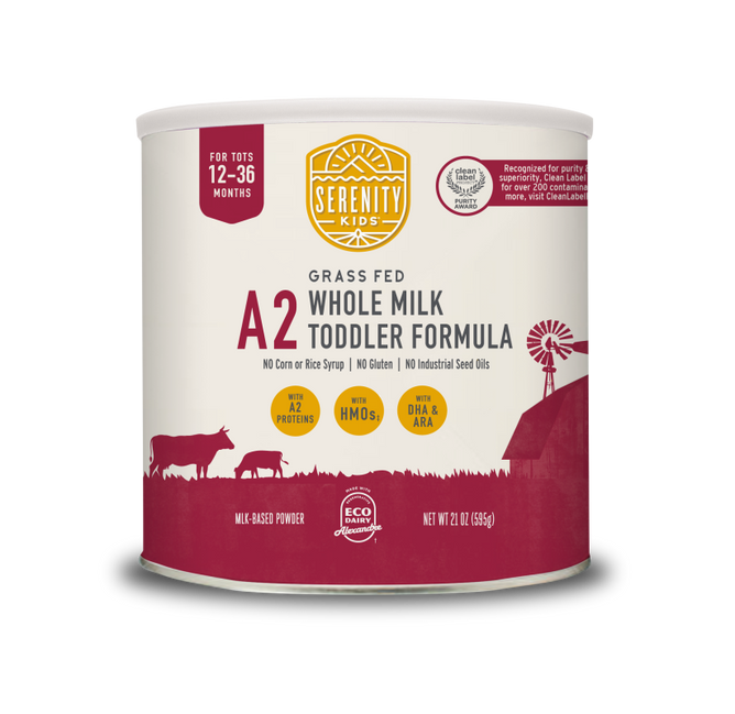 The Serenity Kids Grass Fed A2 Whole Milk Toddler Formula is for ages 12-36 months and features grass-fed A2 milk, prebiotics, HMOs, DHA & ARA. Its non-GMO with no corn syrup. The maroon and white packaging includes farm imagery. Net weight: 12 oz (340g).