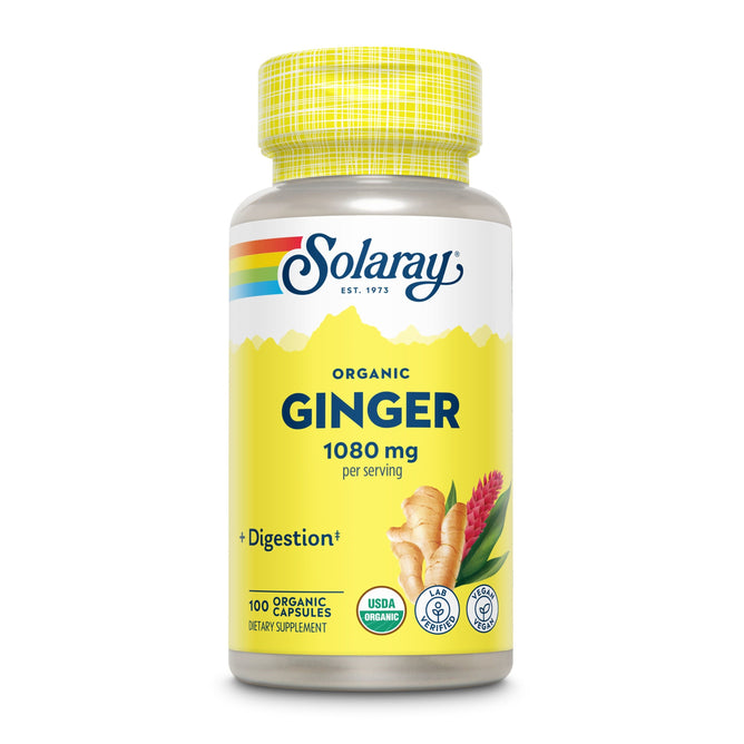 A bottle of Solaray Ginger Organic, 1080 mg, supports digestion and cardiovascular health. The yellow label showcases ginger roots and a red flower. With 100 capsules and USDA organic certification, it bolsters your digestive system effectively.