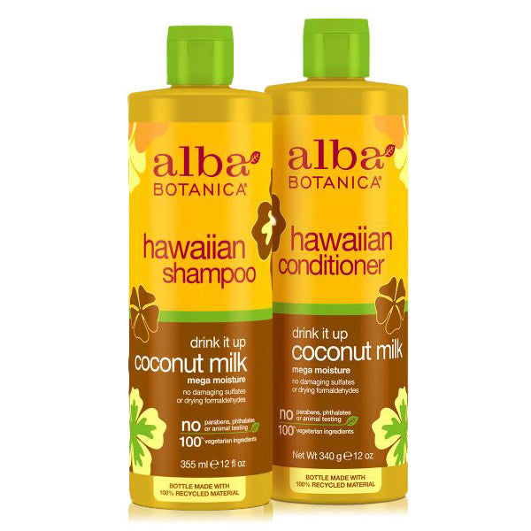The Alba Botanica Haircare Set - Mega Moisture Coconut Milk includes two yellow bottles with green caps and flower graphics, featuring both shampoo and conditioner.