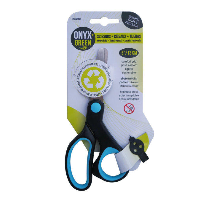 Onyx and Greens Recycled Plastic Scissors feature a black handle with blue accents, anti-microbial comfort grip, and eco-friendly materials. The 5/13 cm stainless steel blade comes in packaging displaying a recycling symbol.