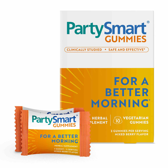 Himalayas PartySmart Gummies come in a compact pack labeled For a Better Morning, highlighting its support for alcohol metabolism. These vegan, mixed berry flavored gummies are clinically studied for safety and effectiveness.