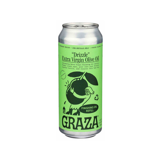 The Graza Drizzle Extra Virgin Olive Oil refill comes in a silver can with green labels and a playful olive illustration with a dropper, highlighting its recyclable design and evoking the casual vibe of beer can refills.