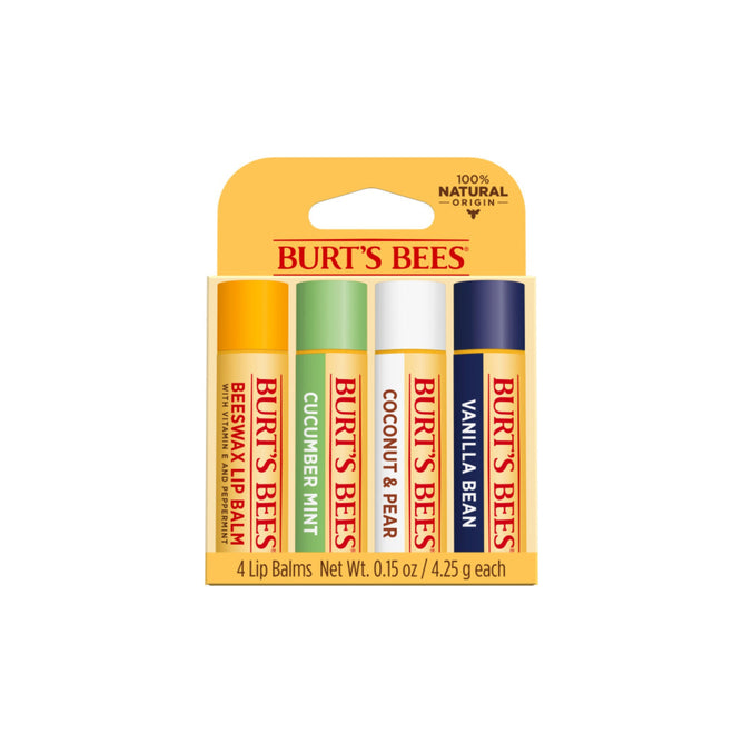 The Burts Bees Lip Balm Super Sampler features four moisturizing balms with nourishing oils in flavors: Beeswax, Cucumber Mint, Coconut & Pear, and Vanilla Bean. The package boasts a 100% Natural Origin formula.