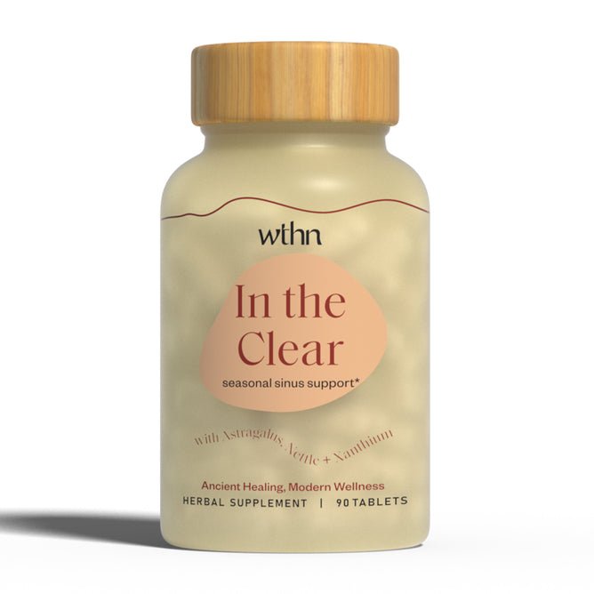 WTHNs In the Clear supplement offers non-drowsy seasonal sinus support with Astragalus, Nettle, and Xanthium to enhance immunity. The beige bottle has a wooden cap and contains 90 tablets.