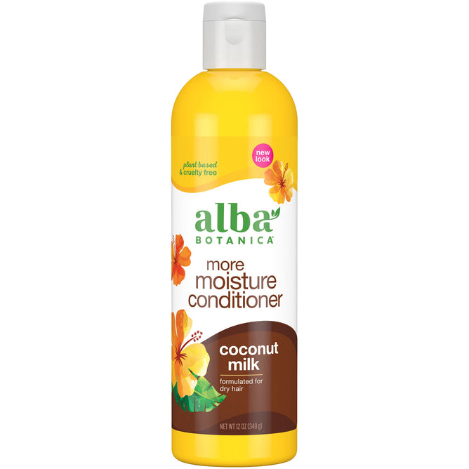A yellow plastic bottle of Alba Botanica Mega Moisture Coconut Milk Conditioner features vivid hibiscus illustrations and a white cap, ideal for dry hair.