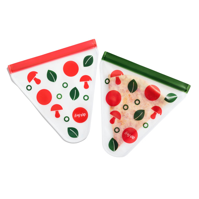The Pizza Saver Kit by (re)zip includes two triangular reusable storage bags with colorful patterns: one with red circles, mushrooms, and green circles sealed by a red zipper, the other identical but with a green zipper. Both feature an airtight seal and a round red (re)zip logo for sleek space-saving.