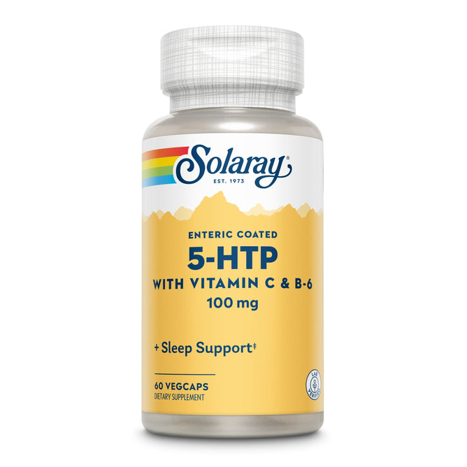 Solarays 5-HTP EC with Vitamin C & B6 offers 100 mg designed for serotonin synthesis and restful sleep. This dietary supplement contains 60 vegetarian capsules.