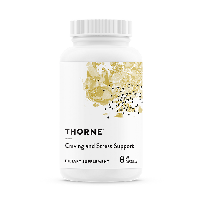 A white bottle labeled Thorne Craving and Stress Support, adorned with an abstract gold and black design, contains 60 capsules. This dietary supplement aids in weight management by supporting cortisol levels.