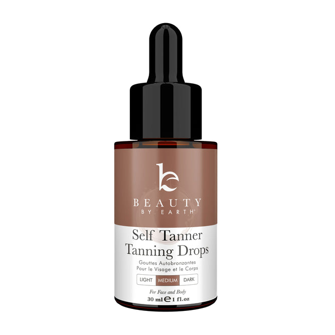 The Beauty by Earth Tanning Drops, in an amber 30 ml (1 fl oz) dropper bottle with a black cap, offer a natural-looking tan in light, medium, and dark shades. These organic ingredients are suitable for both face and body use.