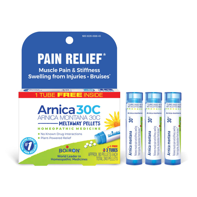 The image shows a package of Boiron’s Arnica Montana 30C Meltaway Pellets, a homeopathic remedy for muscle pain, stiffness, and bruises. It includes 240 pellets across three tubes plus one additional tube free.
