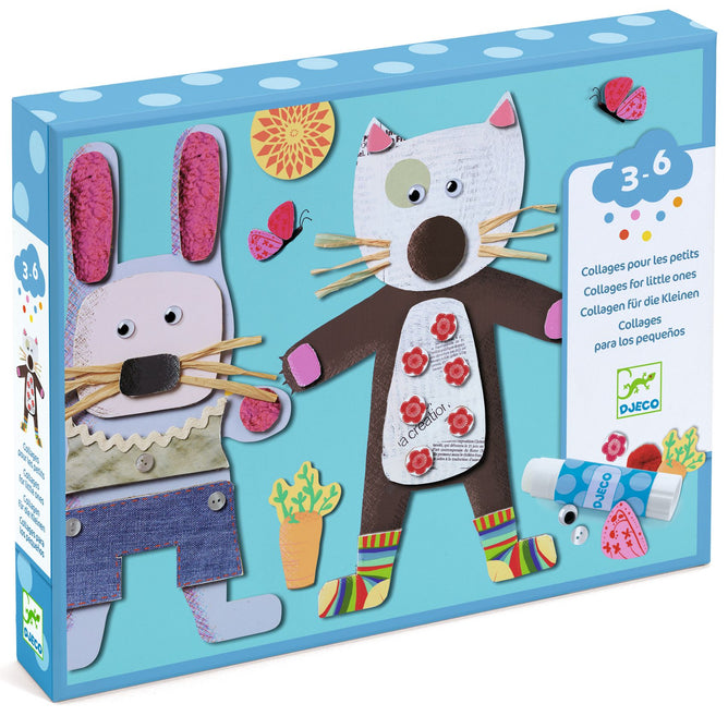 The DJECO Collages for Little Ones Craft Kit is ideal for young artists aged 3-6. It features a bunny, cat, textured paper and fabric pieces. The blue box, decorated with flowers and butterflies, includes a glue stick and is made from FSC® Certified Paper.