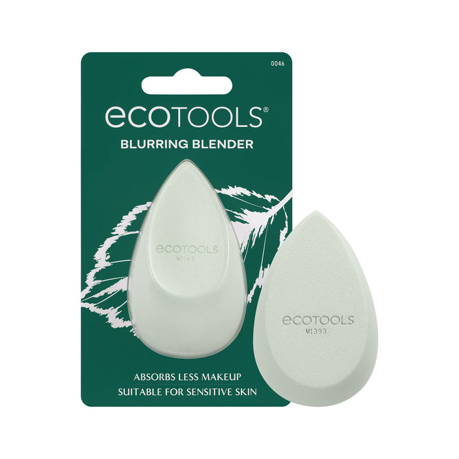 EcoTools Blurring Blender makeup sponges: Two light green, teardrop-shaped sponges on a green background with white leaf graphics. Text: Cruelty-free. Absorbs less makeup. Suitable for sensitive skin.