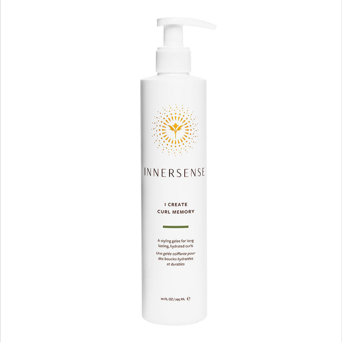 A white pump bottle of Innersense Organic Beautys I Create Curl Memory styling gel, featuring a golden geometric design on the label. Ideal for flexible styling and long-lasting, defined curls on coarse curly hair, it provides 10 fl oz (295 ml) of care.