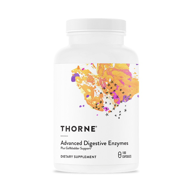Thornes Advanced Digestive Enzymes, in a white bottle with orange and purple abstract art and star-like symbols, offers essential support for digestion with 180 capsules, especially beneficial after gallbladder removal.