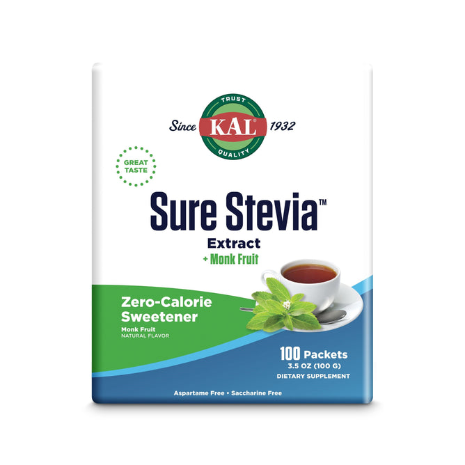 KALs Sure Stevia Plus Monk Fruit Powder packaging showcases the benefits of this zero-calorie, low-calorie sweetener. Featuring an image of a teacup and mint leaves, it includes 100 packets and is free from aspartame and saccharin.