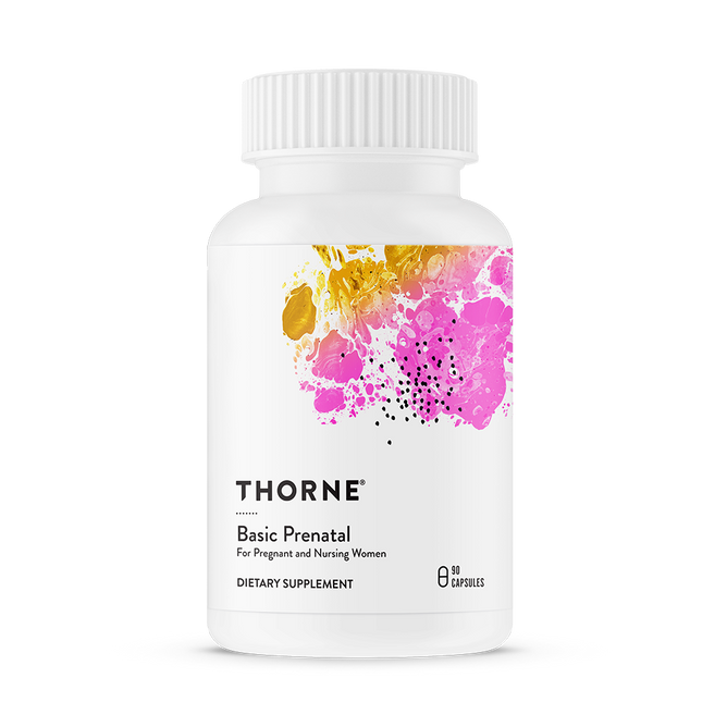 A white plastic bottle labeled Thorne Basic Prenatal features colorful abstract designs and contains 90 capsules intended for pregnant and nursing women, supporting babys development as a daily multi dietary supplement.