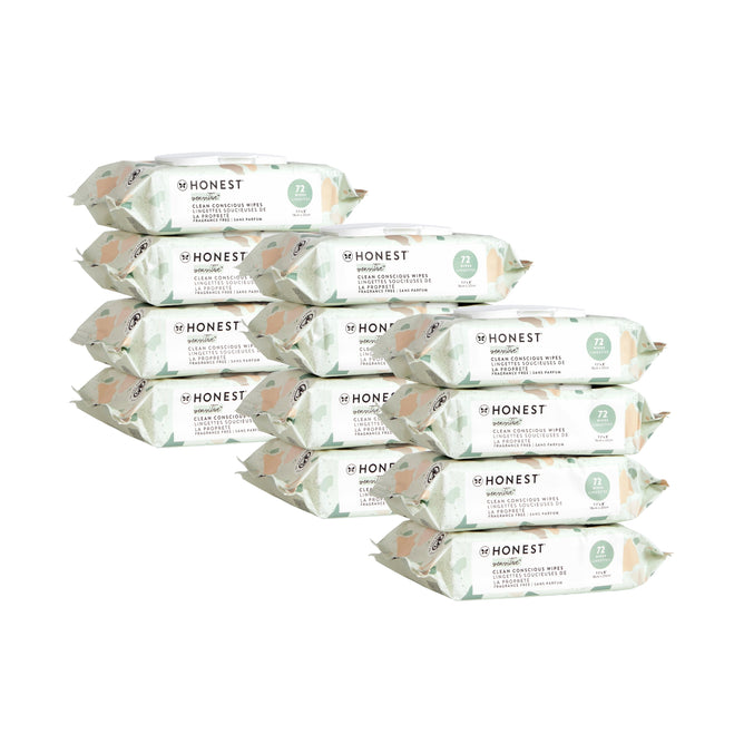 Ten packs of Grove Collaborative baby-wipes are stacked in two columns. The packaging is mainly white with green accents. Each pack contains 72 wipes and features a floral design.