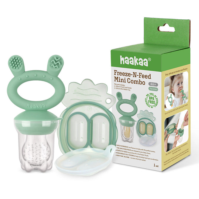 The Haakaa Silicone Freeze-N-Feed Mini Combo includes a mint green silicone baby feeder with a textured handle, clear pouch, and green lid. BPA-free and safe for 4+ months, it offers teething relief with a practical design.