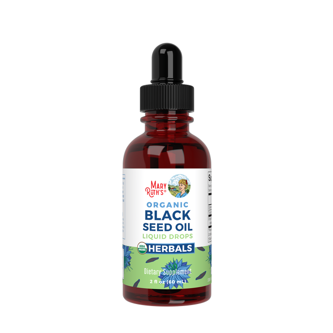MaryRuths Black Seed Oil Drops come in a 60 ml brown glass bottle with a black dropper cap and a green, white, and blue label featuring botanical illustrations. This traditional herbal dietary supplement is designed to support your body.