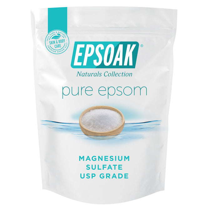 San Francisco Salt Cos Epsoak Naturals Collection Epsom Salt bag features white crystals in a bowl and text touting Magnesium Sulfate USP Grade, with a seal emphasizing benefits for skin, body care, and muscle pain relief.