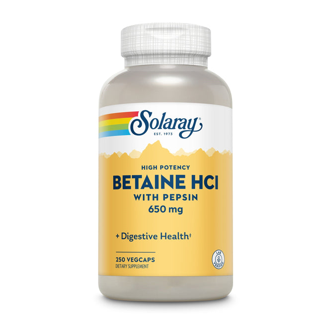 A bottle of Solarays Betaine HCI HP with Pepsin, a digestive enzyme supplement, features a yellow and white label highlighting 650 mg High Potency, Digestive Health, and contains 250 VegCaps. The top displays the Solaray logo with its signature rainbow stripes.