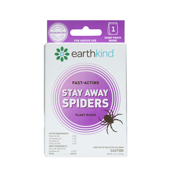 Earthkinds Stay Away® Spider Deterrent is a 2.5 oz (71g), plant-based repellent for indoor use, featuring a purple design with a spider graphic and an essential oils-infused scent pouch.