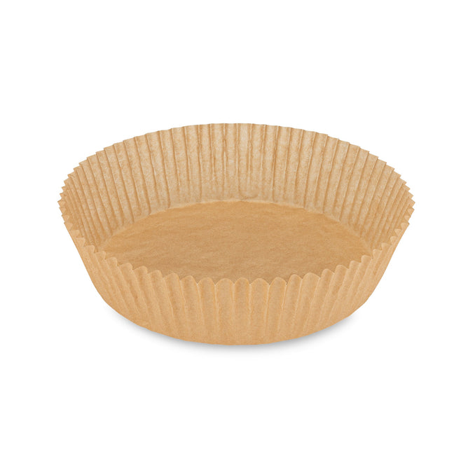 A single brown FSC Certified Air Fryer Liner from Full Circle, made of ribbed paper on a plain white background. Open and circular, its perfect for baking batter and roasting veggies in an air fryer. 50ct pack available.