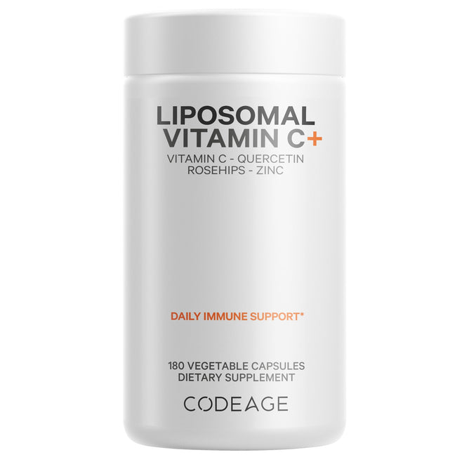 The white Codeage Liposomal Vitamin C bottle contains vitamin C, quercetin, rosehips, and zinc for daily immune support. With citrus bioflavonoids added, this dietary supplement offers 180 vegetable capsules.