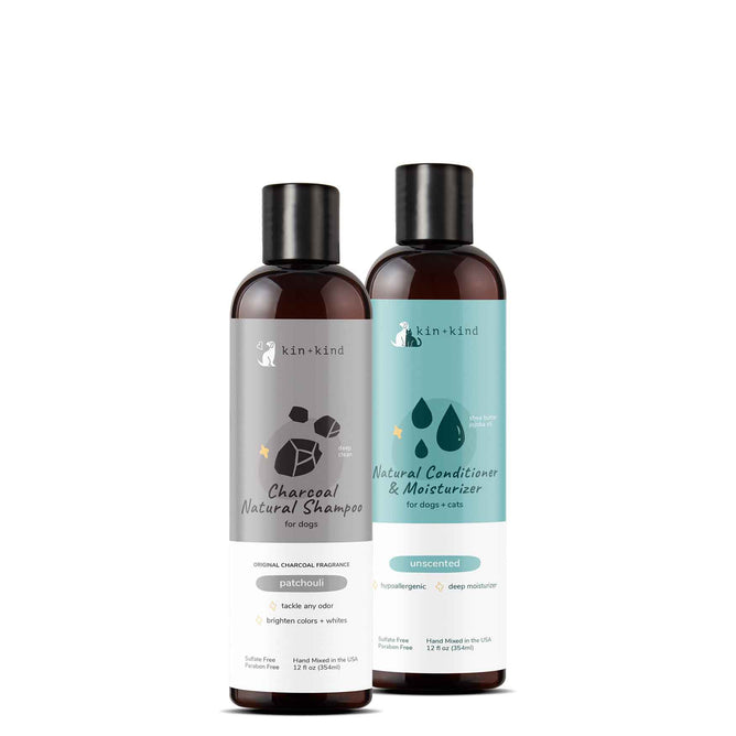 The kin+kind Charcoal Pet Shampoo & Conditioner Set includes a 12 fl oz Charcoal Organic Dog Shampoo with patchouli scent and a 12 fl oz unscented natural conditioner, both enriched with natural and organic oils. USDA organic, ideal for pampering dogs and cats.