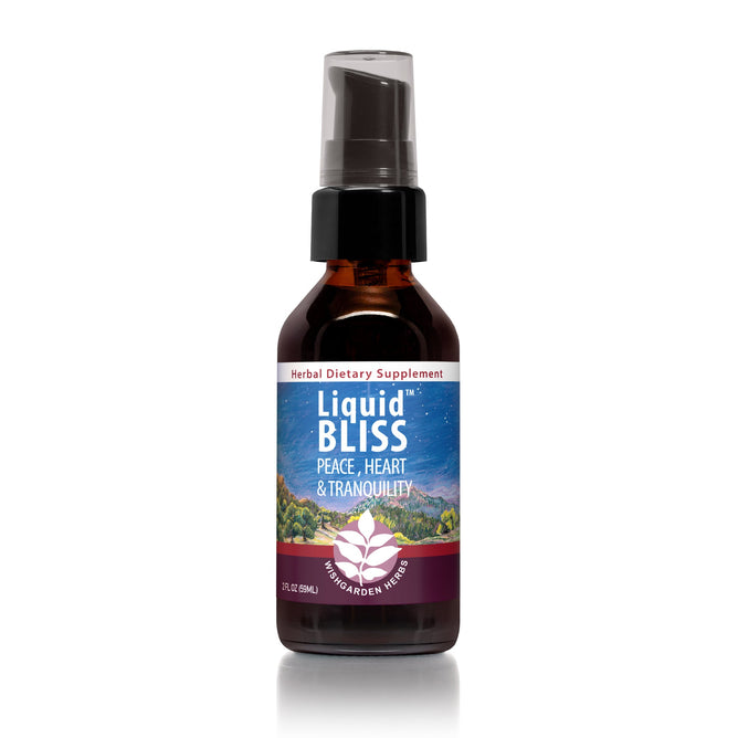 A 2 FL OZ (59 mL) brown glass bottle with a pump labeled Liquid Bliss Peace by WishGarden Herbs is an herbal dietary supplement for nervous system support, featuring mountain and plant illustrations.