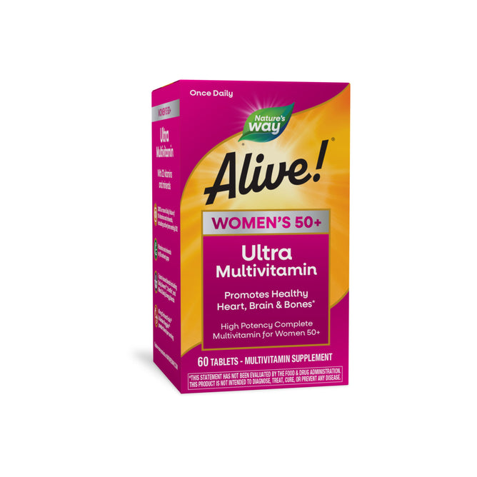 A box of Alive! Once Daily Women 50+ Ultra by Natures Way with Ultra Potency contains 60 tablets, promoting heart, brain, and bone health with Antioxidant Support. The packaging is pink and orange featuring a green logo.