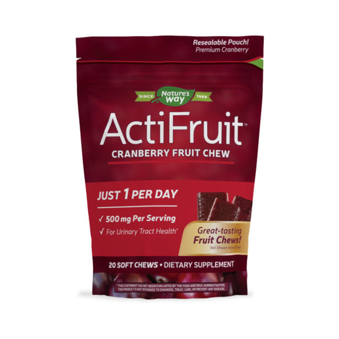 Natures Way ActiFruit™ Cranberry Fruit Chews highlight urinary tract health benefits with 500 mg of Proanthocyanidins per serving. This red resealable pack features 20 chews to enhance your wellness journey.