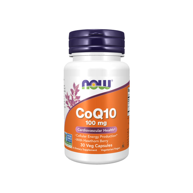 NOW Foods CoQ10 100mg dietary supplement includes 30 vegetarian capsules for heart health and energy. The purple and orange label highlights its non-GMO ingredients and added hawthorn berry for cardiovascular support.
