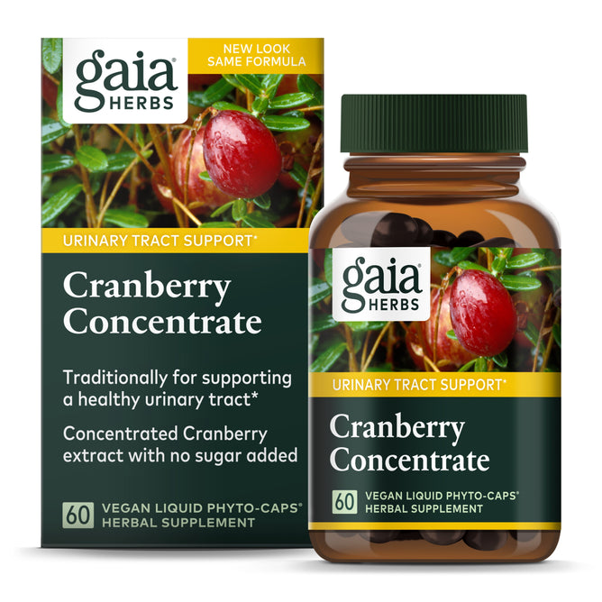Gaia Herbs Cranberry Concentrate features vibrant cranberries on its packaging, offering Urinary Tract Support with 60 vegan liquid phyto-caps for natural wellness.
