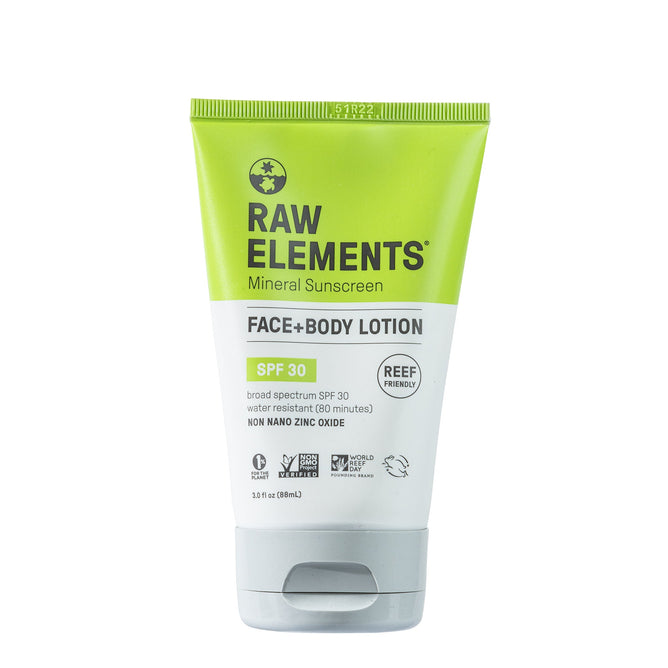 Raw Elements Face + Body SPF 30 sunscreen, in green, gray, and white packaging, provides natural broad-spectrum protection using non-nano zinc oxide. Its reef-friendly and water-resistant for 80 minutes.