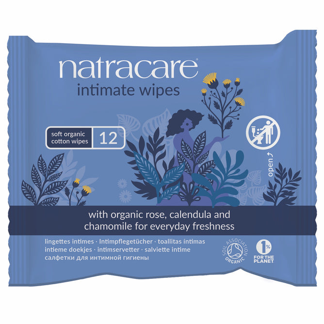 The Natracare Organic Intimate Wipes feature blue packaging with a floral design. Labeled soft organic cotton wipes 12, they showcase organic rose, calendula, and chamomile. Recycling icons and multilingual labels make them ideal for eco-friendly personal care enthusiasts.