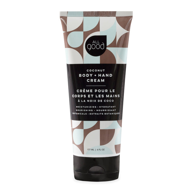 The All Good Body and Hand Cream, with its geometric brown and blue design, is a 177 ml (6 fl oz) tube featuring bilingual labeling. It is infused with organic calendula and botanical extracts to moisturize and nourish.