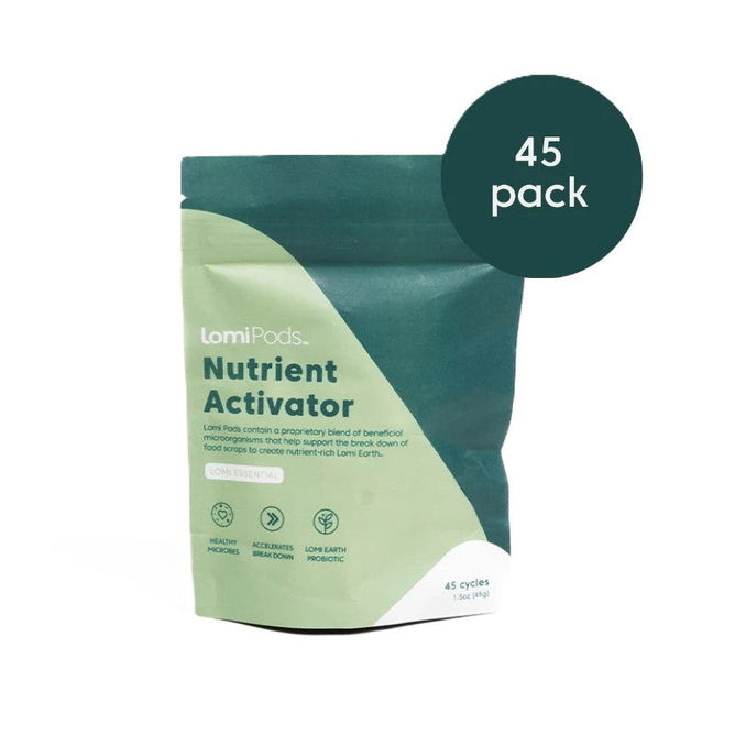 The green and white LomiPod package by Lomi features eco-friendly attributes, with a 45-pack design promoting rapid breakdown and healthy microbes to enhance plant growth, aligning with Lomi Earths principles.