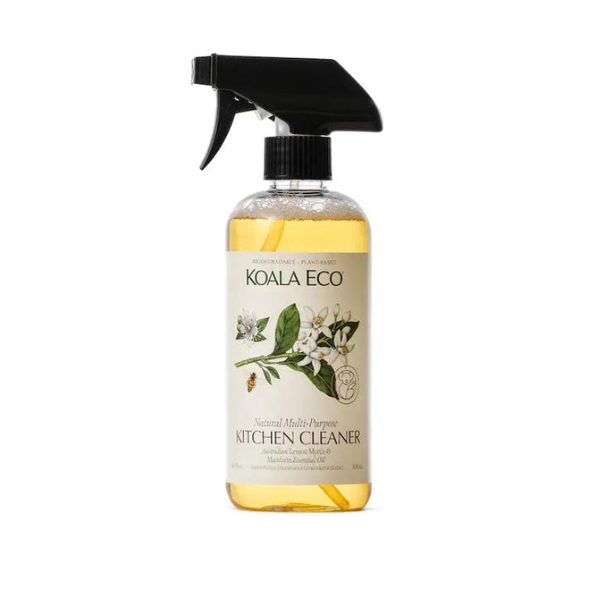 Koala Ecos Natural Multi-Purpose Kitchen Cleaner, featuring a black nozzle and floral-themed white label, is infused with Australian essential oils like lemon myrtle and mandarin, making it effective and eco-friendly for your kitchen.