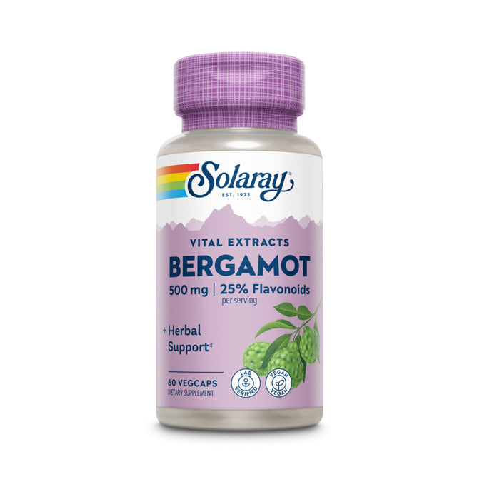 A bottle of Solaray Vital Extracts Bergamot with a purple cap showcases 500 mg, 25% Flavonoids for enhanced potency, and Herbal Support on the label. It contains 60 vegcaps and boasts vibrant herbal imagery in its colorful branding.