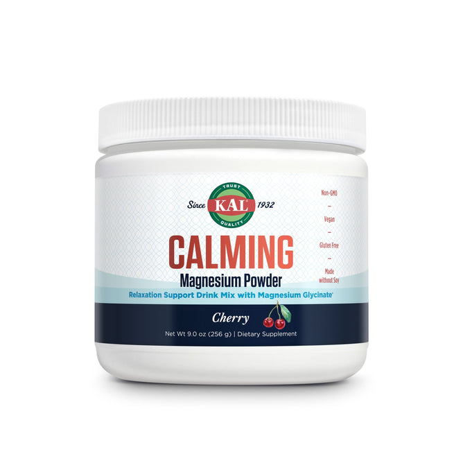 White KAL Calming Magnesium Powder, cherry flavored, labeled Non-GMO, Vegan, Gluten-Free, and Soy-Free. Text: Relaxation Support Drink Mix with Magnesium Glycinate Supplement for ultimate relaxation support.