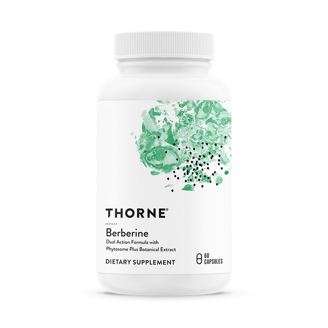Thornes Berberine dietary supplement, in a white bottle with green abstract artwork, features a Dual Action Formula with Phytosome Plus Botanical Extract to support metabolic health. The product contains 60 capsules and is designed to help maintain healthy blood sugar levels.