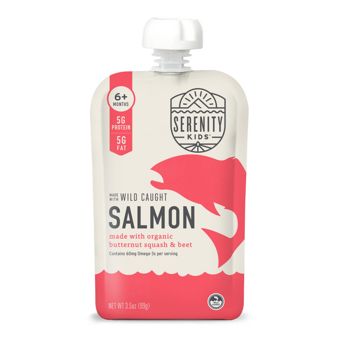 Serenity Kids Wild Caught Salmon with Organic Butternut Squash & Beet baby food for 6+ months offers 5g protein, 5g fat, and Omega-3s per serving. Packaged in cream and red with fish imagery, it provides a wholesome start.