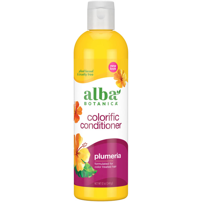 Alba Botanicas Color Treated Plumeria Conditioner comes in a bright yellow bottle adorned with orange flowers. Its plant-based, cruelty-free, and sulfate-free for color-treated hair, with a new look tag and lovely plumeria scent.