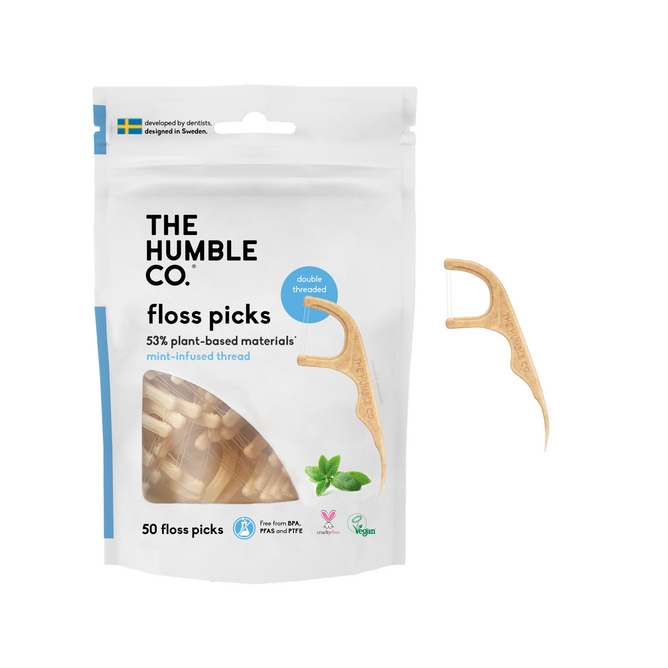 The Humble Co. Dental Floss Picks have 50 units, are 53% plant-based, cruelty-free, double-threaded with mint infusion, and come with separate floss pick graphics. The packaging features Swedish flag and vegan icons.
