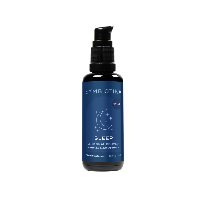 A blue bottle of Cymbiotika’s Liposomal Sleep, featuring a black pump, crescent moon, and stars on the label, sits against a white background. The 52 ml cacao-flavored formula promises deep restful sleep, perfect for embracing rest and relaxation.