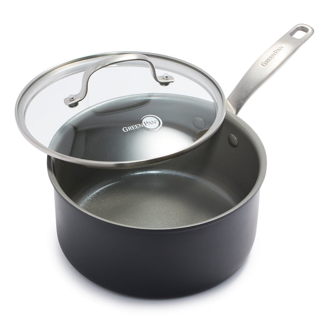Introducing the Chatham Nonstick, Ceramic Sauce Pan from GreenPan: a PFAS-free 3 qt cookware marvel with a black exterior, sleek metallic handle, clear glass lid with matching rim, and smooth gray interior boasting our Thermolon ceramic nonstick technology for effortless cooking and easy cleanup.