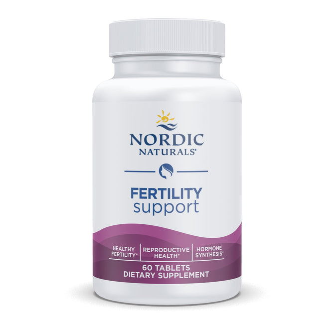 Nordic Naturals Fertility Support, in a white bottle with a purple label, promises enhanced reproductive health and healthy ovarian function. It supports hormone synthesis and overall fertility. Includes 60 tablets.