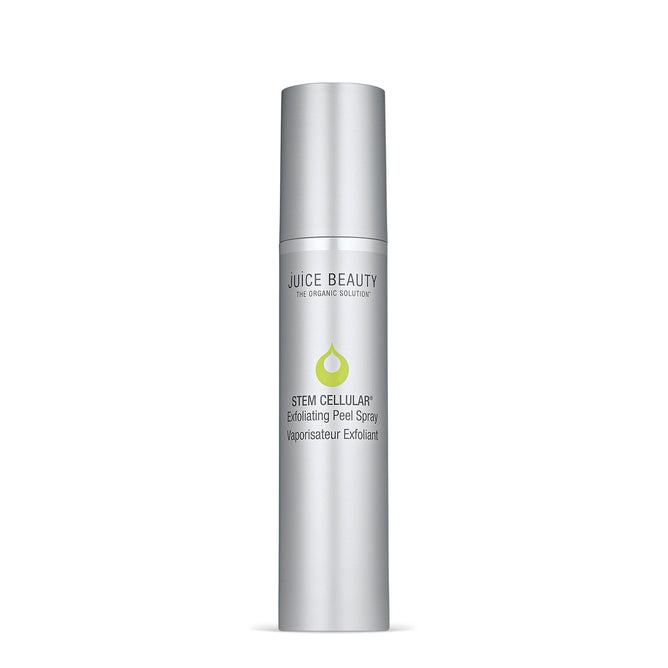 The silver Juice Beauty Stem Cellular Exfoliating Peel Spray bottle sports a green drop logo and promises radiant skin with its modern, organic design. This sleek exfoliant is a refreshing solution for those seeking smooth, glowing skin.