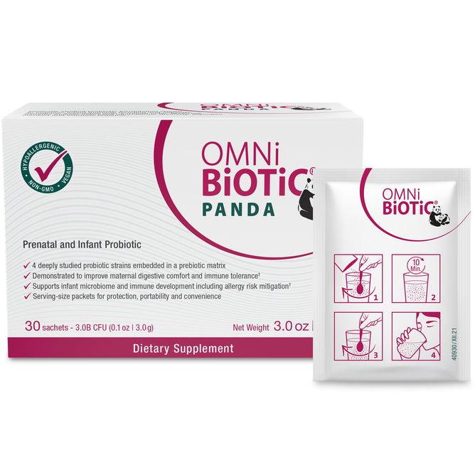 The image showcases a box of Omni-Biotic Panda probiotics, highlighting prenatal and infant gut health benefits with 30 sachets for digestive support. A close-up of a sachet and illustrated instructions completes the scene.
